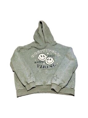 Faded Rose Hoodie Positively Vibing Smiley Face Sage Green Acid Wash SZ L 234